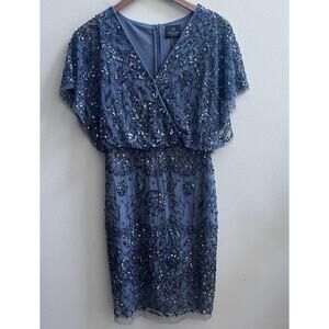 Adrianna Papell Beaded Mesh Blouson Sequin Embellishments Dress 0 Wedding Guest